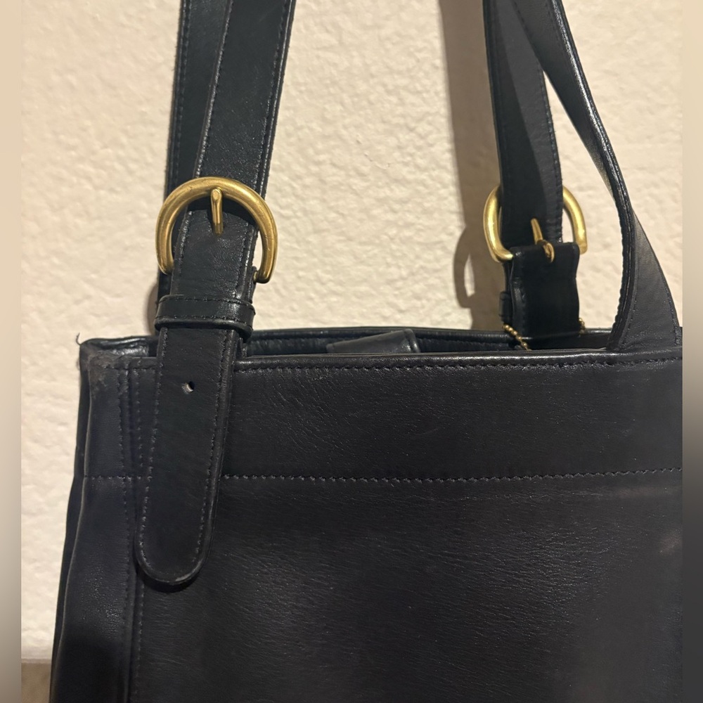 Vintage Coach Black Leather Shoulder Bag with Gold Buckles - Picture 3 of 12